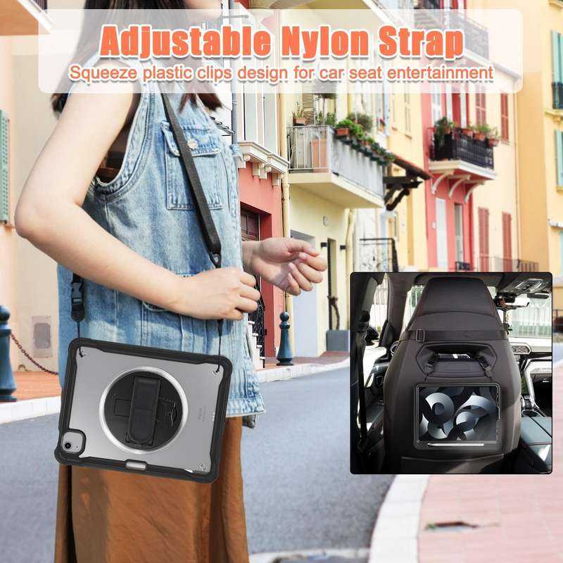 For iPad Air 2022 10.9 / Pro 11 2022 Heavy Duty Hybrid Tablet Case with Handle & Strap(Black)