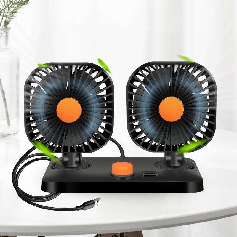 Mini USB 12 / 24V Car Electric Fan Double Head Car Cigarette Lighter Fan