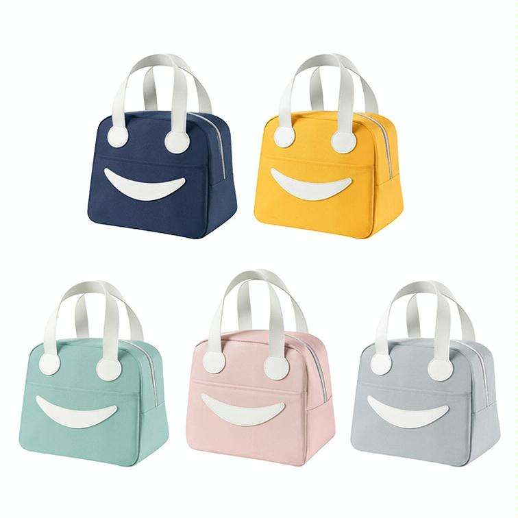 Smiley Lunch Bag with Leather Handles, Size: L (Gray)