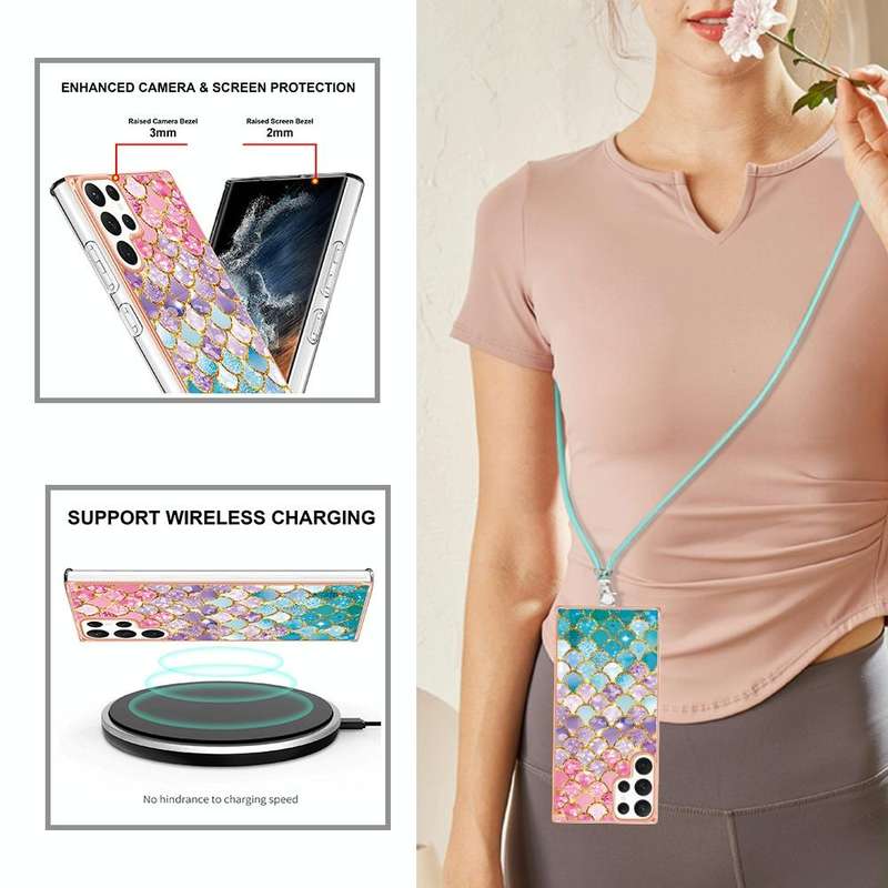 For Samsung Galaxy S22 Ultra 5G Electroplating IMD TPU Phone Case with Lanyard(Colorful Scales)