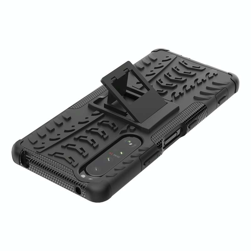 For Sony Xperia 1 III Tire Texture Shockproof TPU+PC Protective Case with Holder(Black)