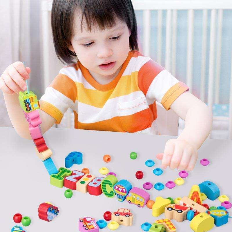 60 PCS / Set Number+Animal Children Stringing Threading Toys Early Education Cognitive Wooden Beads