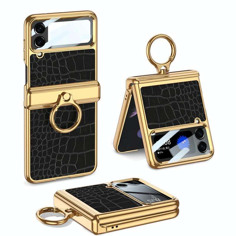 For Samsung Galaxy Z Flip4 GKK Integrated Plating + Leather Flip Phone Case(Crocodile Black)
