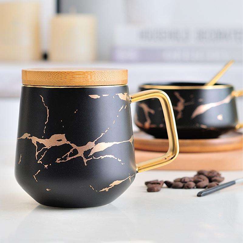 Marble Matte Gold Series Ceramic Tea Cup Coffee Mug With Wooden Lid Or Tray(Black with Lid)