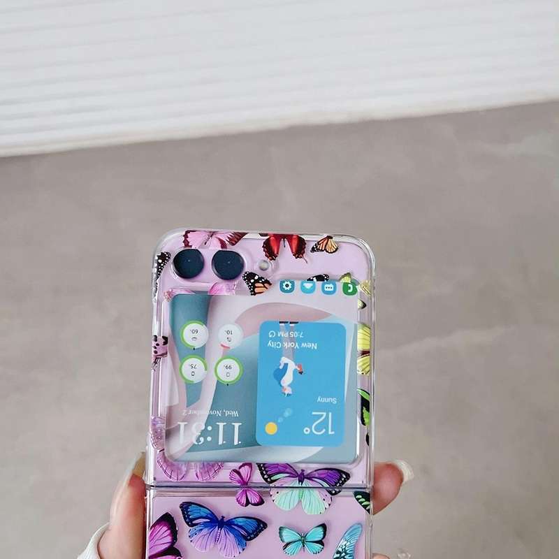 For Samsung Galaxy Z Flip5 Painted Pattern PC Transparent Folding Phone Case(Z57 Pink Butterfly)