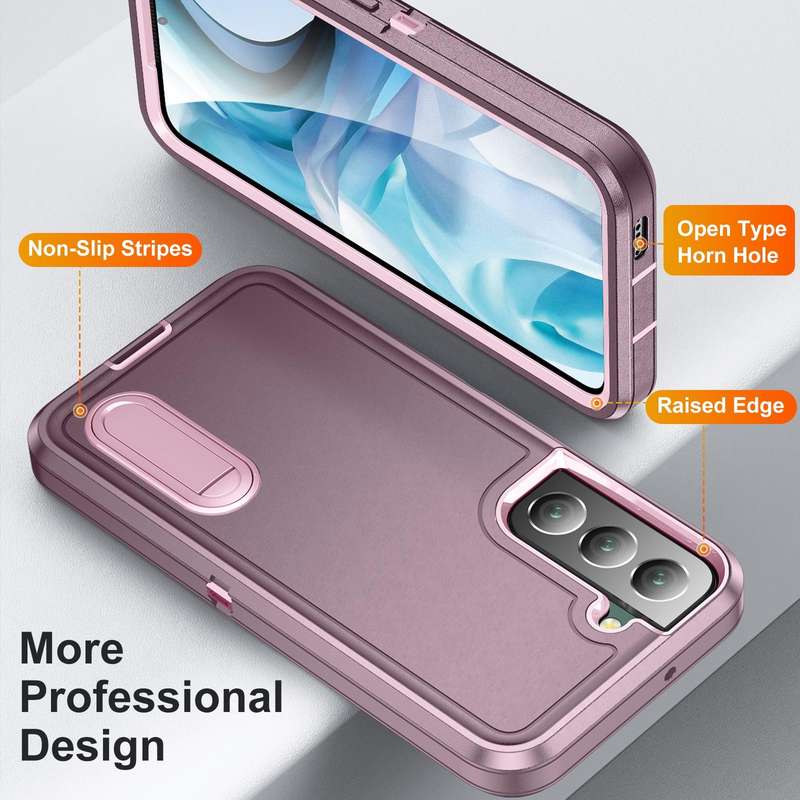 For Samsung Galaxy S22+ 5G 3 in 1 Rugged Holder Phone Case(Purple+Pink)