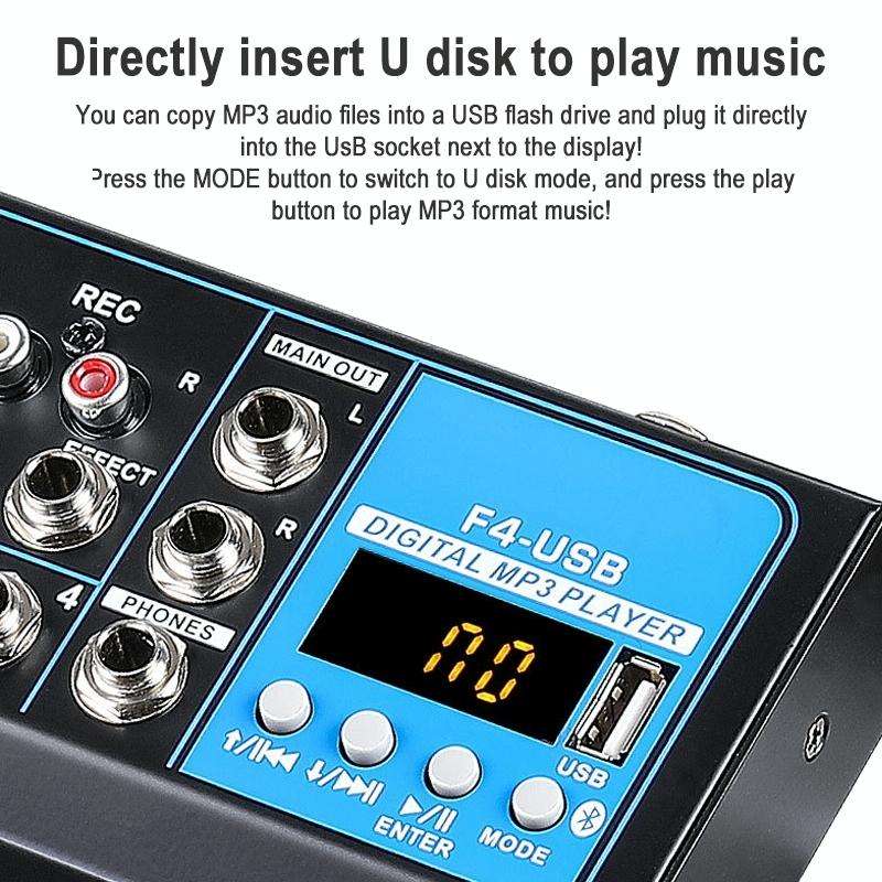 F4 Home 4-channel Bluetooth USB Reverb Mixer, EU Plug (Black)