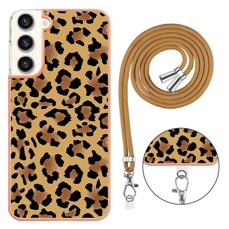 For Samsung Galaxy S23+ 5G Electroplating Dual-side IMD Phone Case with Lanyard(Leopard Print)