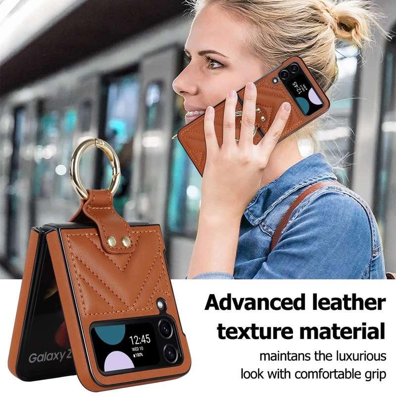 For Samsung Galaxy Z Flip4 V-shaped Folding Protective Phone Case with Folding Ring(Brown)