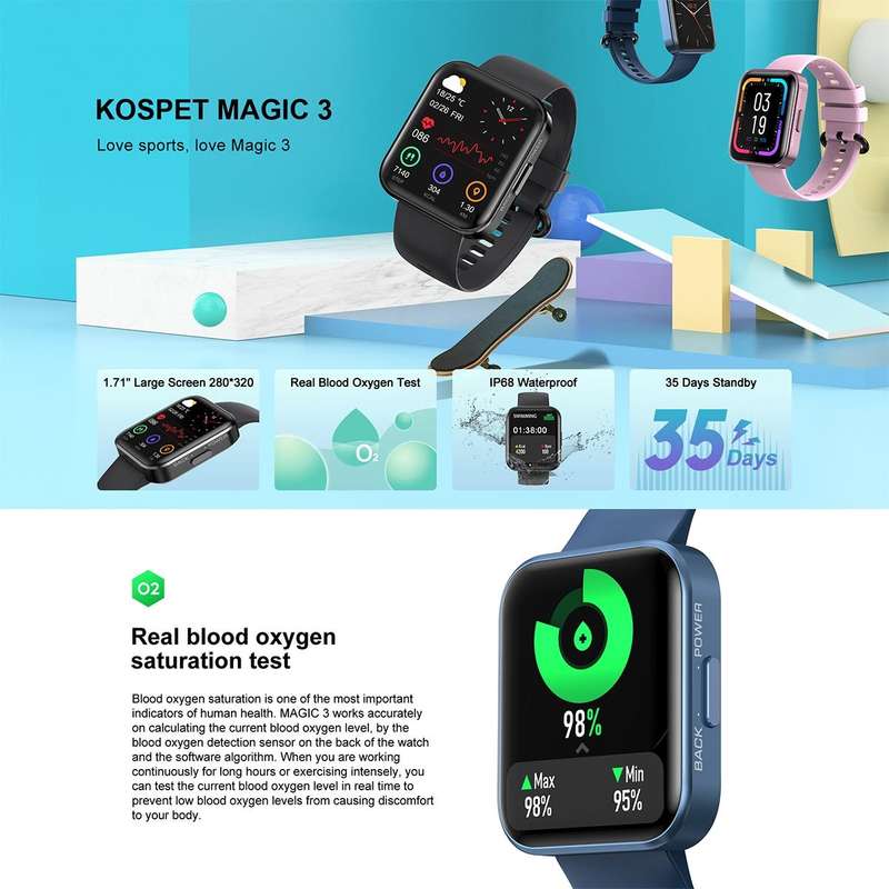 KOSPET Magic 3 1.71 Inch Blood Oxygen Monitoring Waterproof Smart Watch(Black)