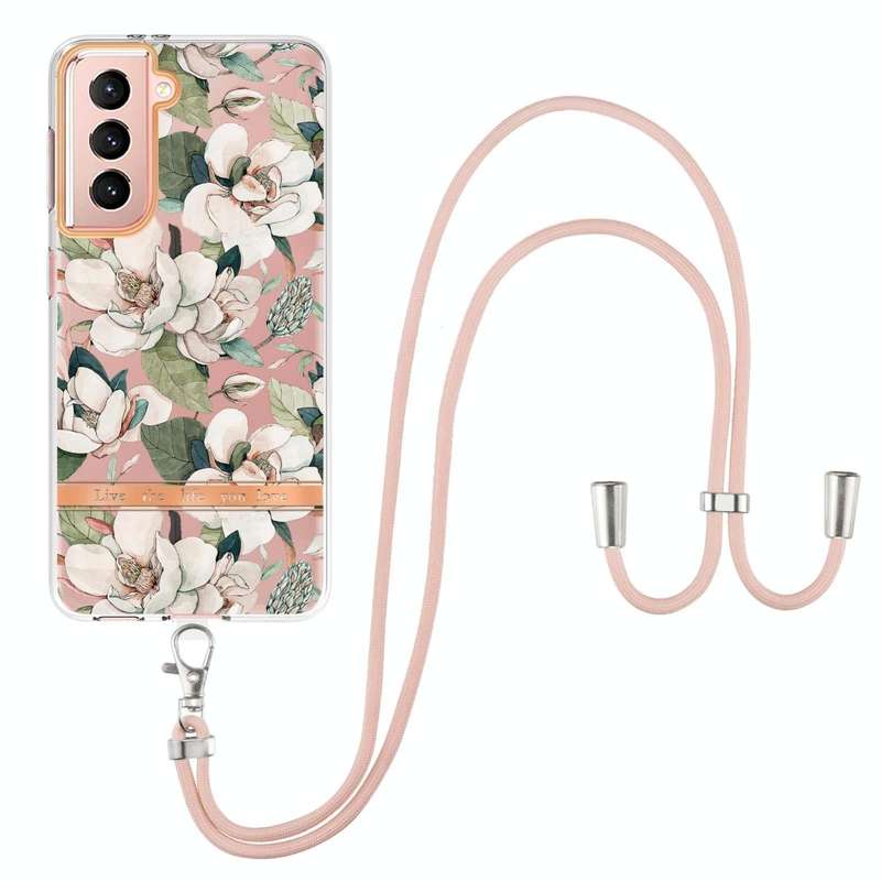 For Samsung Galaxy S21 5G Flowers Series TPU Phone Case with Lanyard(Green Gardenia)