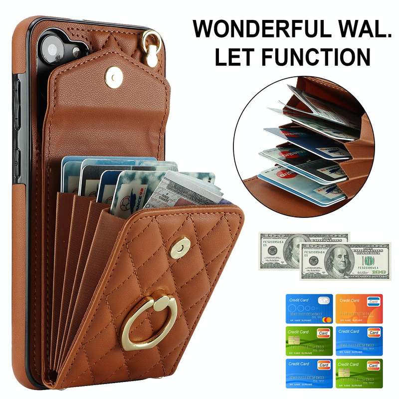 For Samsung Galaxy S23 5G Rhombic Texture Card Bag Phone Case with Long Lanyard(Brown)