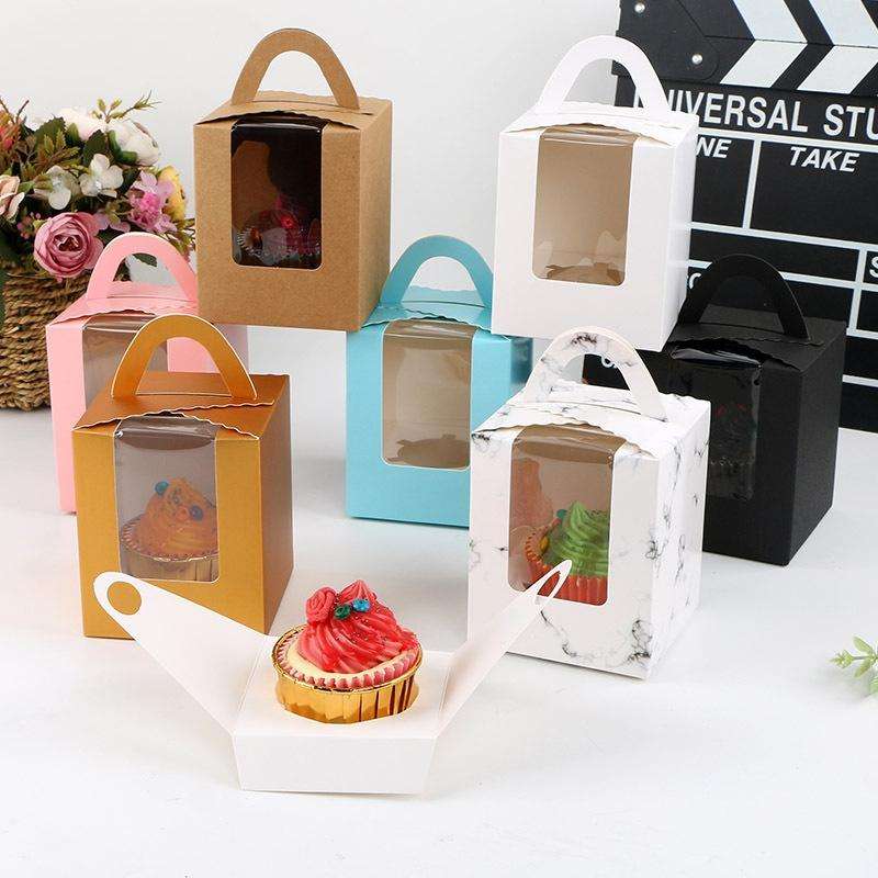 30 PCS Transparent Window 1 Piece Cardboard Portable Cup Cake Box Mousse Pastry Box Marble