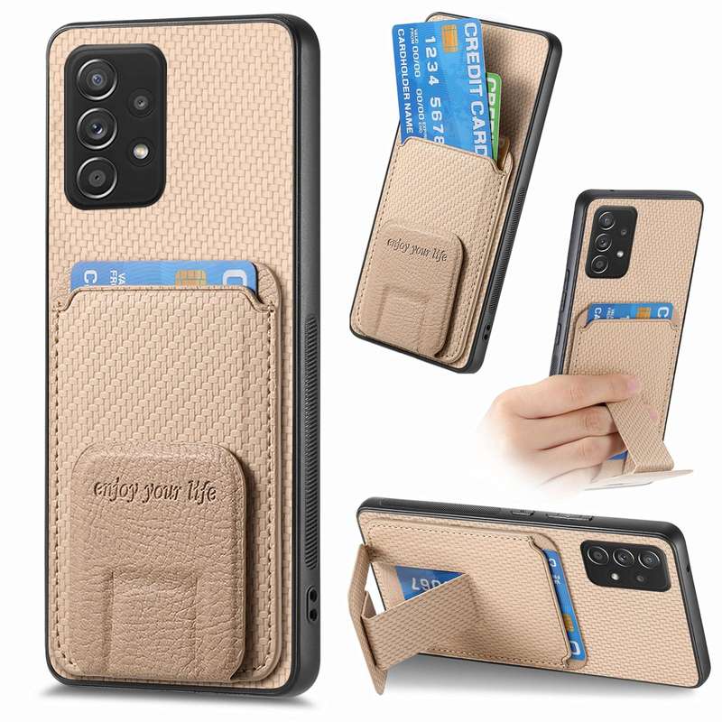 For Samsung Galaxy A73 5G Carbon Fiber Card Bag Fold Stand Phone Case(Khaki)