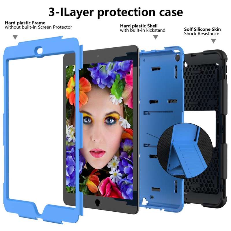 For iPad 10.2 Shockproof Two-Color Silicone Protection Case with Holder & Pen Slot(Black+Blue)