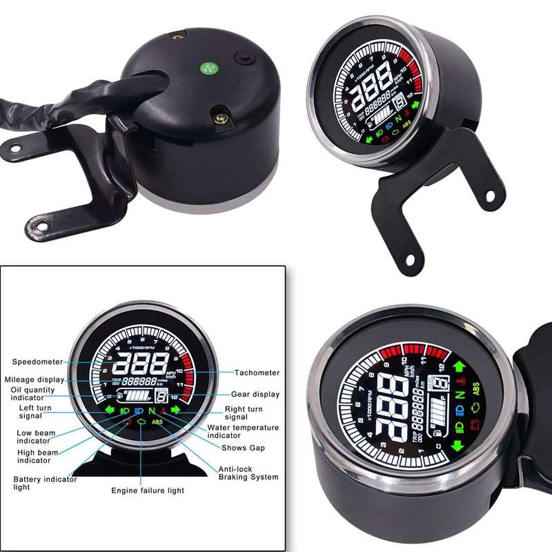 Universal Motorcycle Modified Multi-functional LED Digital Meter Indicator Light Tachometer Odome...