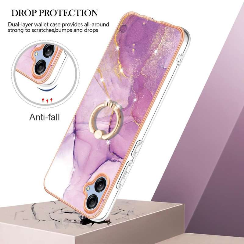 For Samsung Galaxy A04e Electroplating Marble IMD TPU Phone Case with Ring Holder(Purple 001)