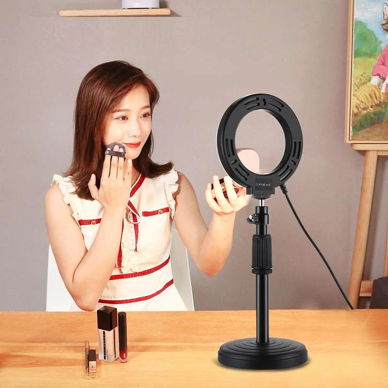 PULUZ Round Base Desktop Holder + 4.7 inch 12cm 3 Modes USB Dimmable LED Ring Vlogging Video Ligh...