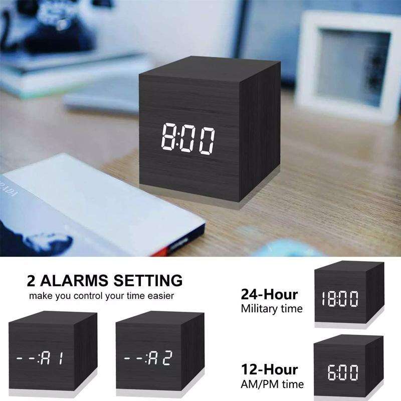 Multicolor Sounds Control Wooden Clock Modern Digital LED Desk Alarm Clock Thermometer Timer Blac...