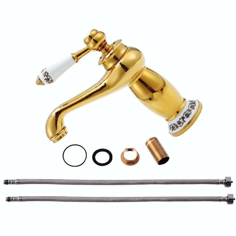 Antique Hot and Cold Bathroom Washbasin Faucet, Style: Short Model+Water Inlet Pipe