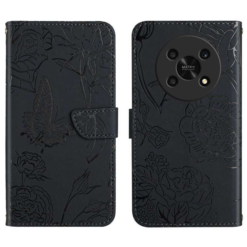 For Honor Magic4 Lite 5G Skin Feel Butterfly Peony Embossed Leather Phone Case(Black)