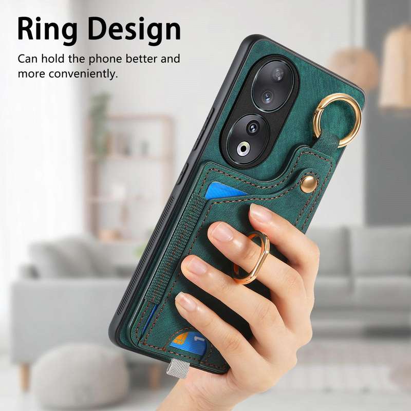For Huawei P60 Pro Retro Skin-feel Ring Card Bag Phone Case with Hang Loop(Green)