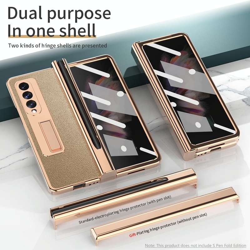 For Samsung Galaxy Z Fold3 Litchi Texture Integrated Electroplating Hinge Flip Phone Case with Pe...