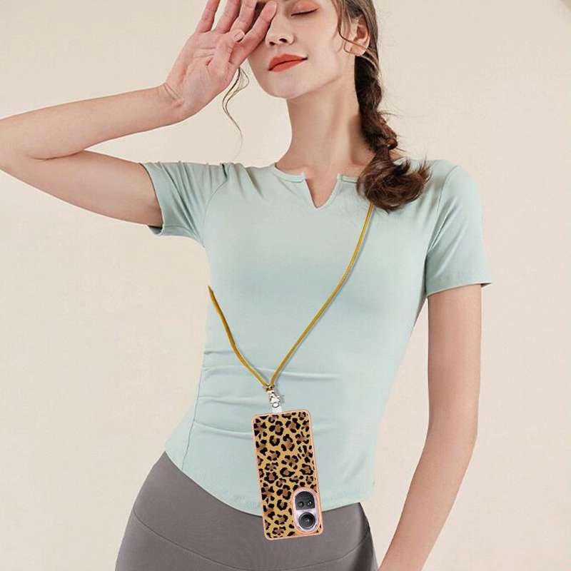 For OPPO Reno10 Pro 5G Global Electroplating Dual-side IMD Phone Case with Lanyard(Leopard Print)