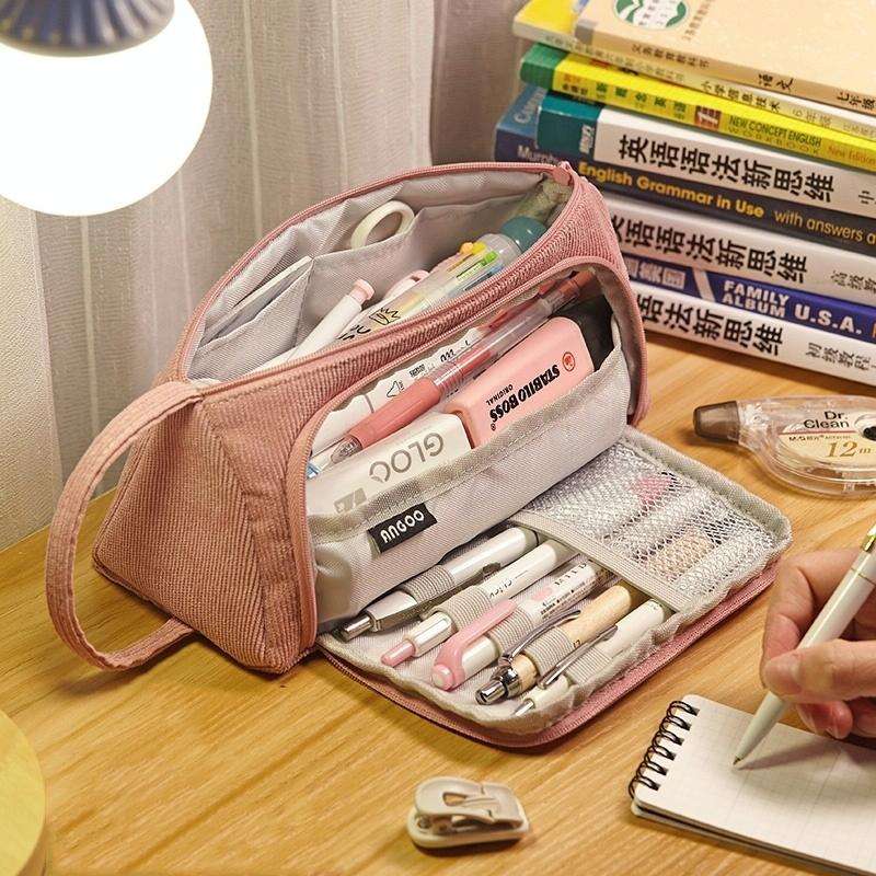 Angoo Student Large-Capacity Stationery Bag Portable Gift Cosmetic Bag(Bean Pink Corduroy)