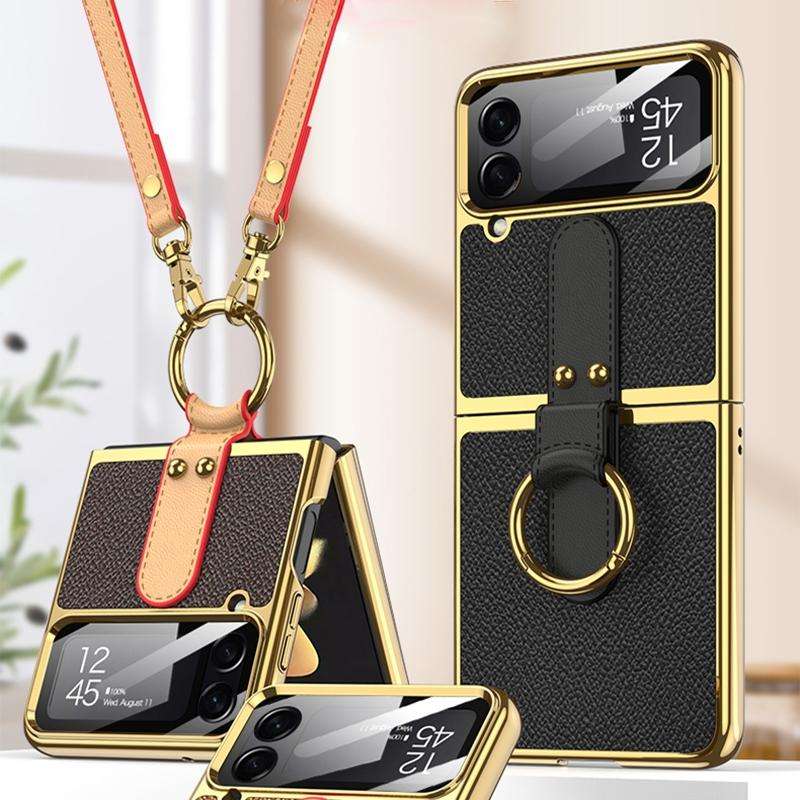 For Samsung Galaxy Z Flip4 GKK Plating + Leather Phone Case with Ring & Strap(White)