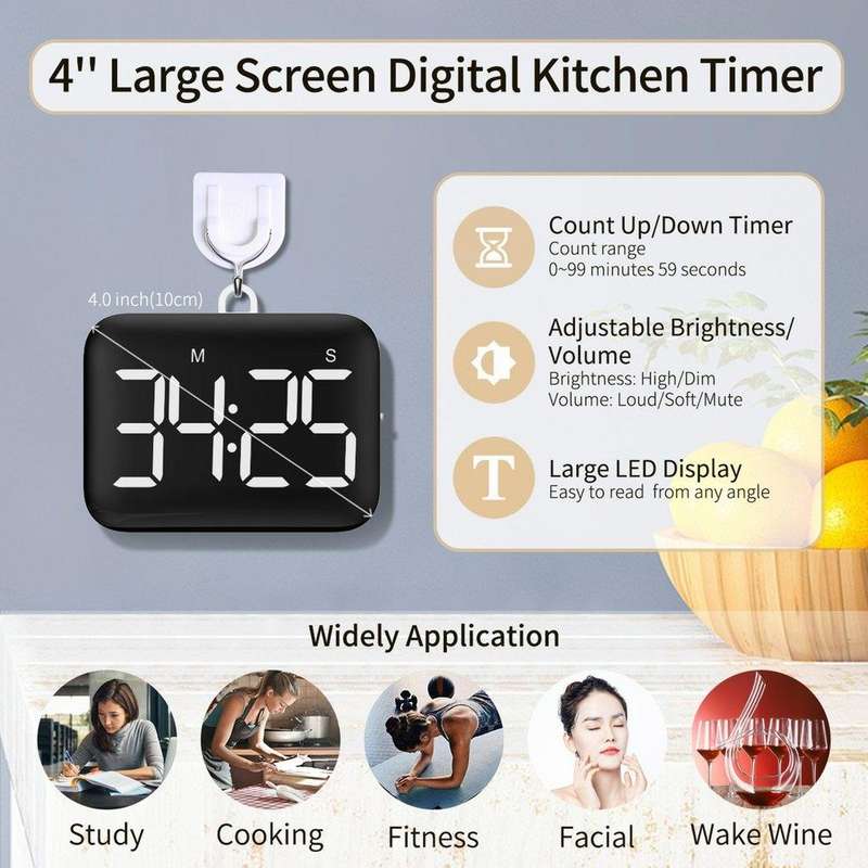 Rechargeable Large Screen LCD Electronic Timing Reminder Alarm Clock Kitchen Baking Timer(Black)