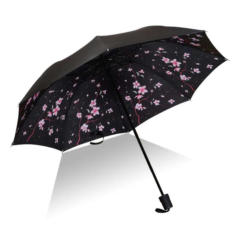 Lightweight Portable Three Folding Folding Umbrella, Black Waterproof Anti-UV, K Pattern
