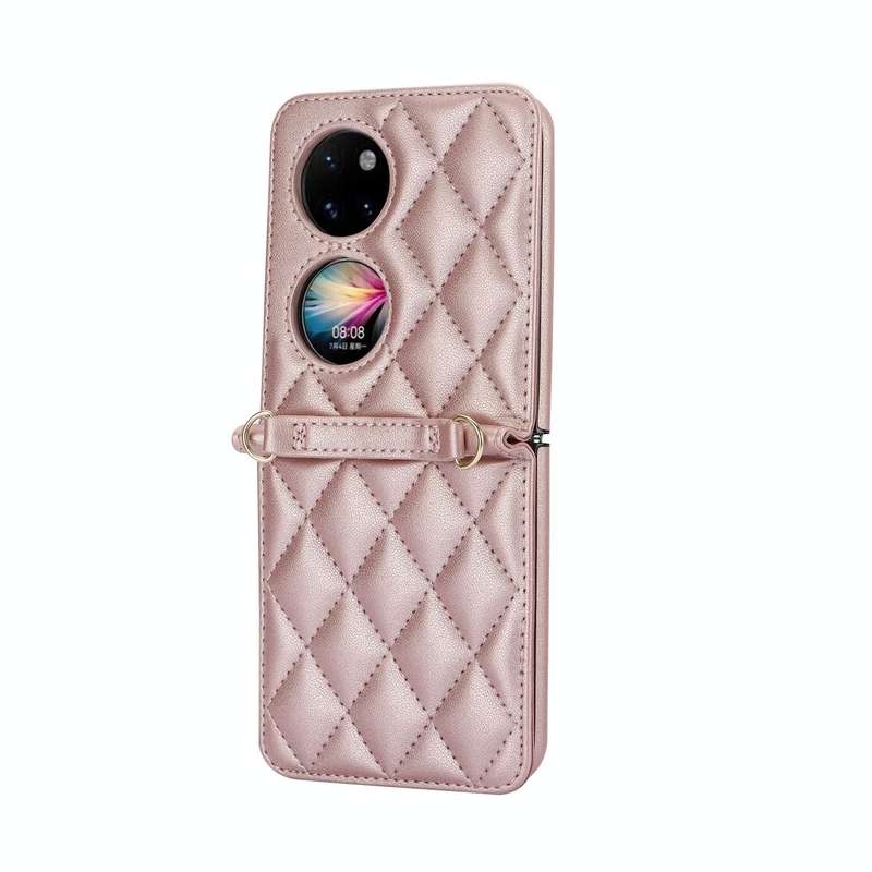 For Huawei P50 Pocket Rhombic Texture Card Bag Phone Case with Dual Lanyard(Rose Gold)