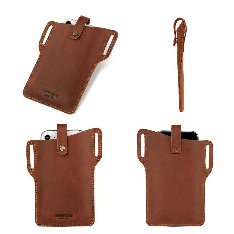 HUMERPAUL Men Leather Retro Belt Mobile Phone Bag(Khaki)