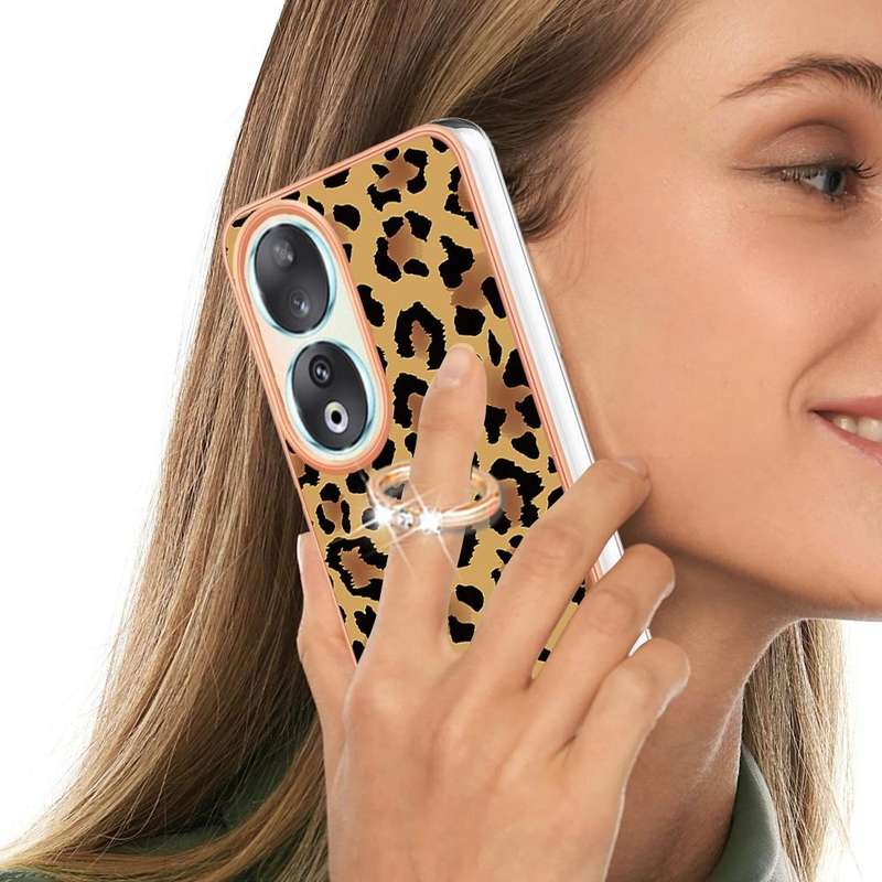 For Honor 90 5G Electroplating Dual-side IMD Phone Case with Ring Holder(Leopard Print)