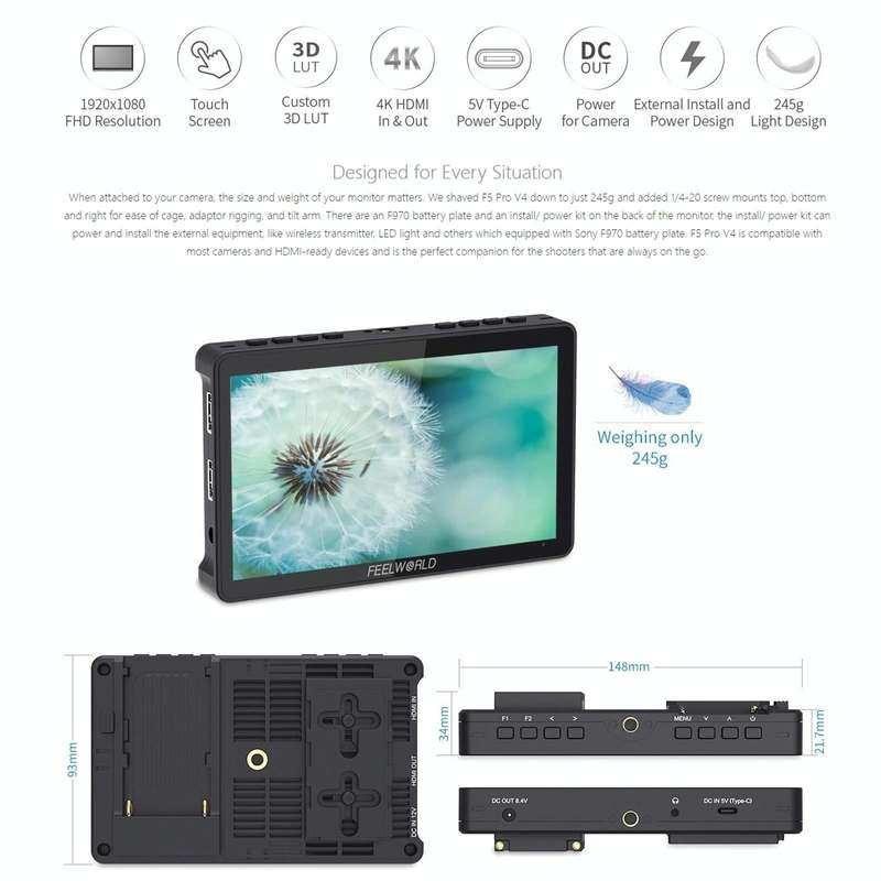 FEELWORLD F5 Pro V4 6 inch Touch Screen DSLR Camera Field Monitor 3D LUT 4K HDMI Input Output Til...