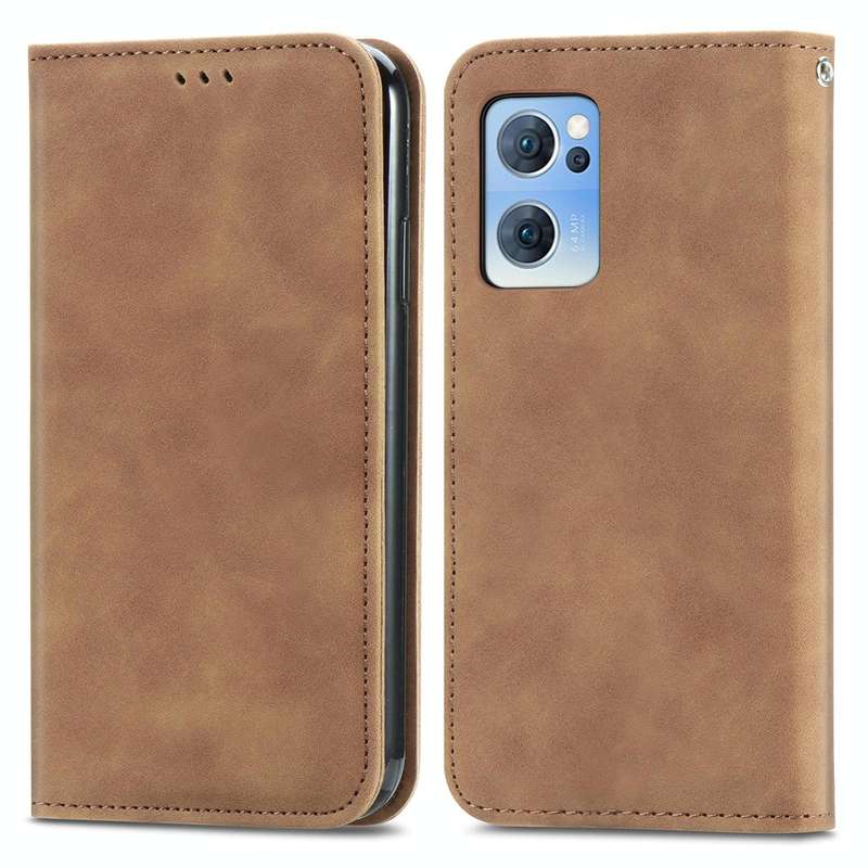 For OPPO Reno7 5G Retro Skin Feel Magnetic Horizontal Flip Leather Phone Case(Brown)
