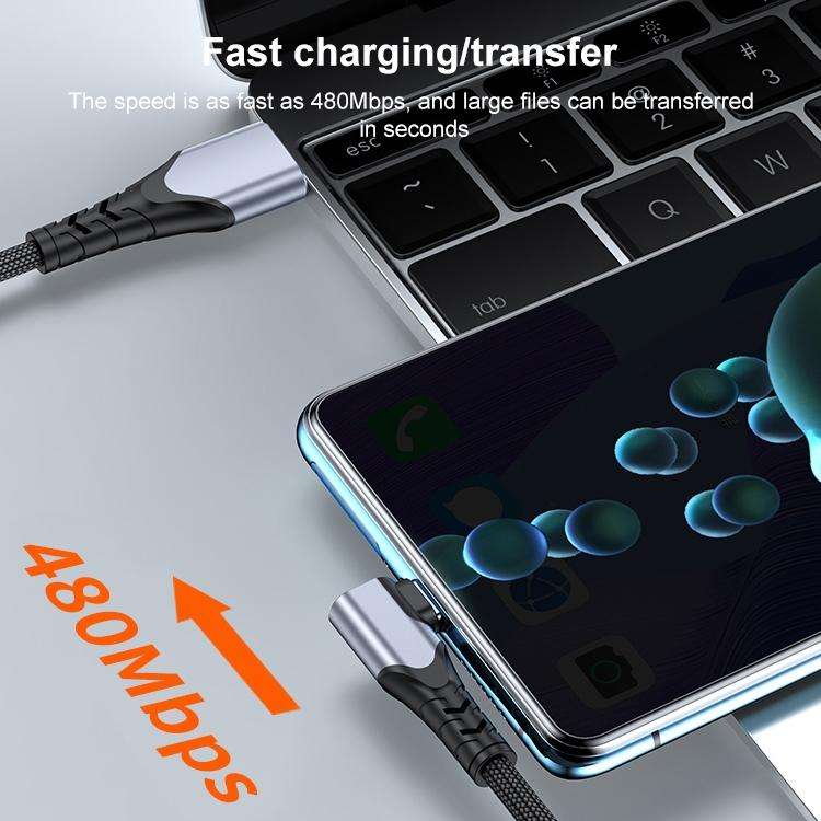 6A 66W USB to USB-C / Type-C Elbow Mobile Phone Game Fast Data Cable, Length:2m(Black)