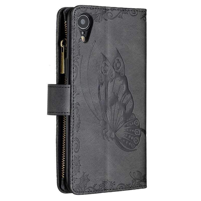 For iPhone XR Flying Butterfly Embossing Pattern Zipper Horizontal Flip Leather Case with Holder ...