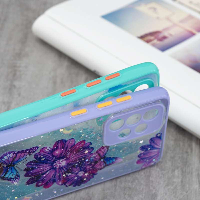 For Samsung Galaxy A73 5G Starry Sky Epoxy TPU Phone Case with Neck Lanyard(Purple Butterfly)
