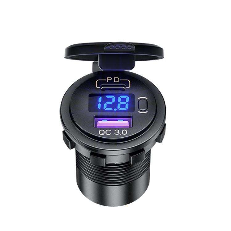 12V Modified Car USB Charger With Voltage Display PD QC3.0 Socket(With 60cm Line Green Light)