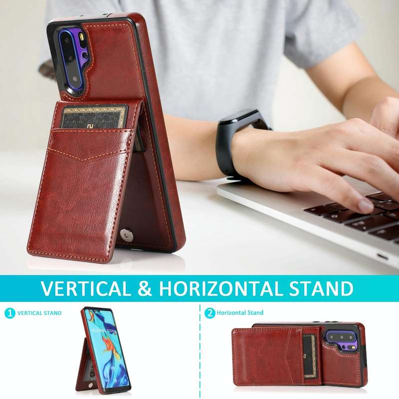 For Huawei P30 Pro Solid Color PC + TPU Protective Case with Holder & Card Slots(Brown)