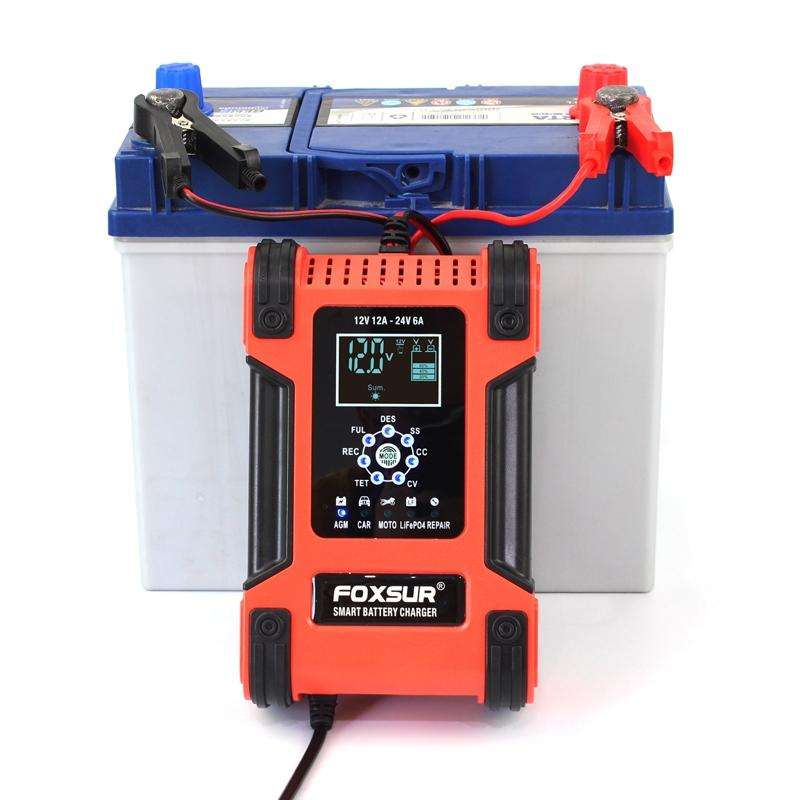 FOXSUR 12A / 12V / 24V Car / Motorcycle 7-stage Lead-acid Battery AGM Charger, Plug Type:UK Plug(...