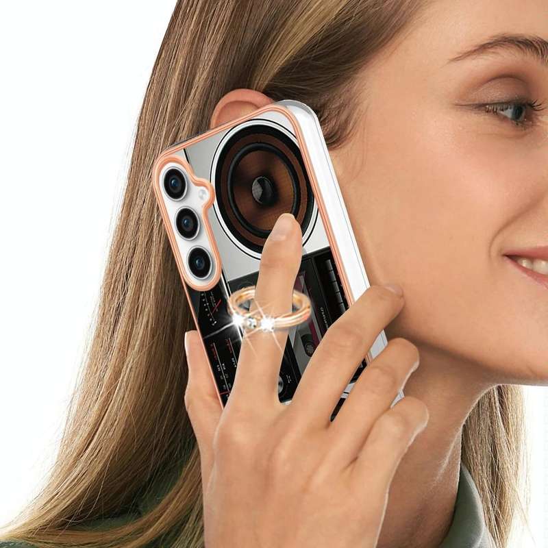 For Samsung Galaxy S23 FE 5G Electroplating Dual-side IMD Phone Case with Ring Holder(Retro Radio)