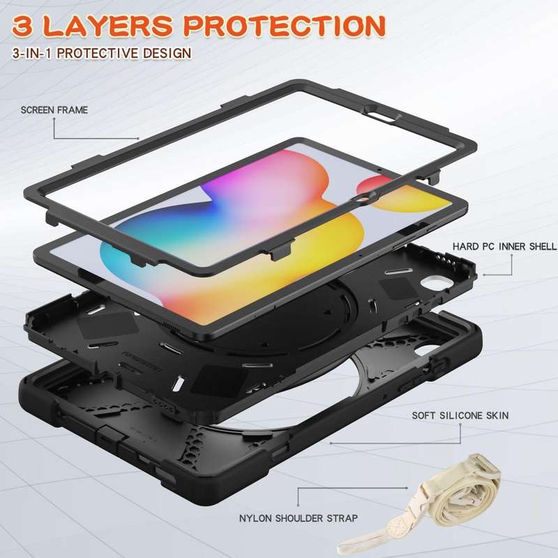 For Samsung Galaxy Tab S6 Lite P610 Silicone + PC Protective Case with Holder & Shoulder Strap(Bl...