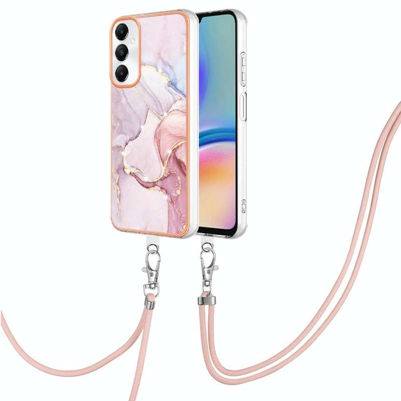 For Samsung Galaxy A05s Electroplating Marble Dual-side IMD Phone Case with Lanyard(Rose Gold 005)