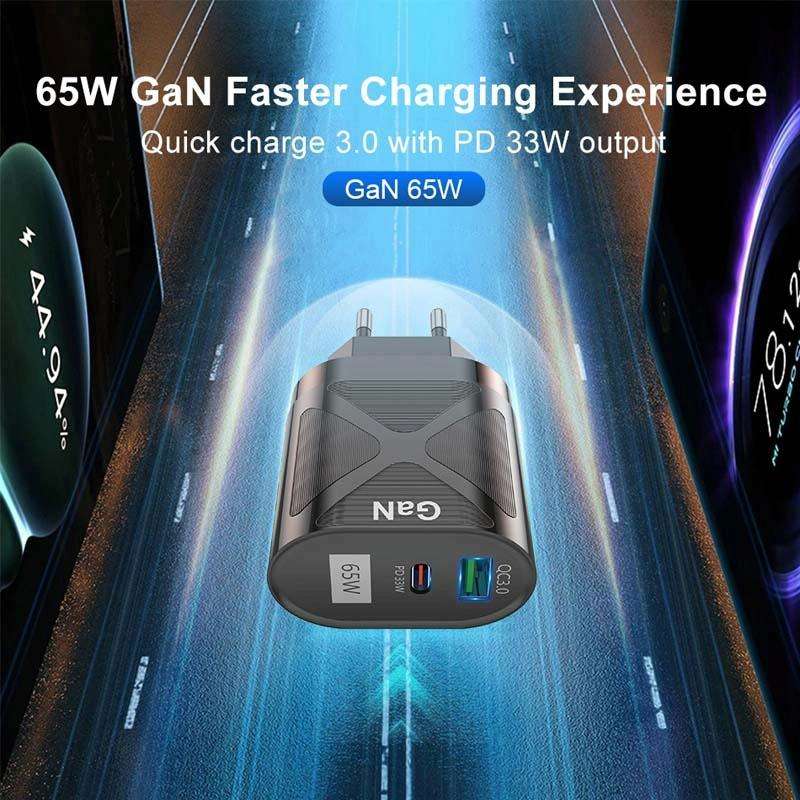 65W GAN PD + QC3.0 Fast Charger Phone Notebook Computer Universal Charging Head, Plug: EU Plug Black