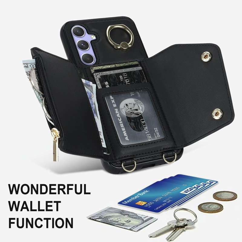 For Samsung Galaxy A54 5G Zipper Card Bag Phone Case with Dual Lanyard(Black)