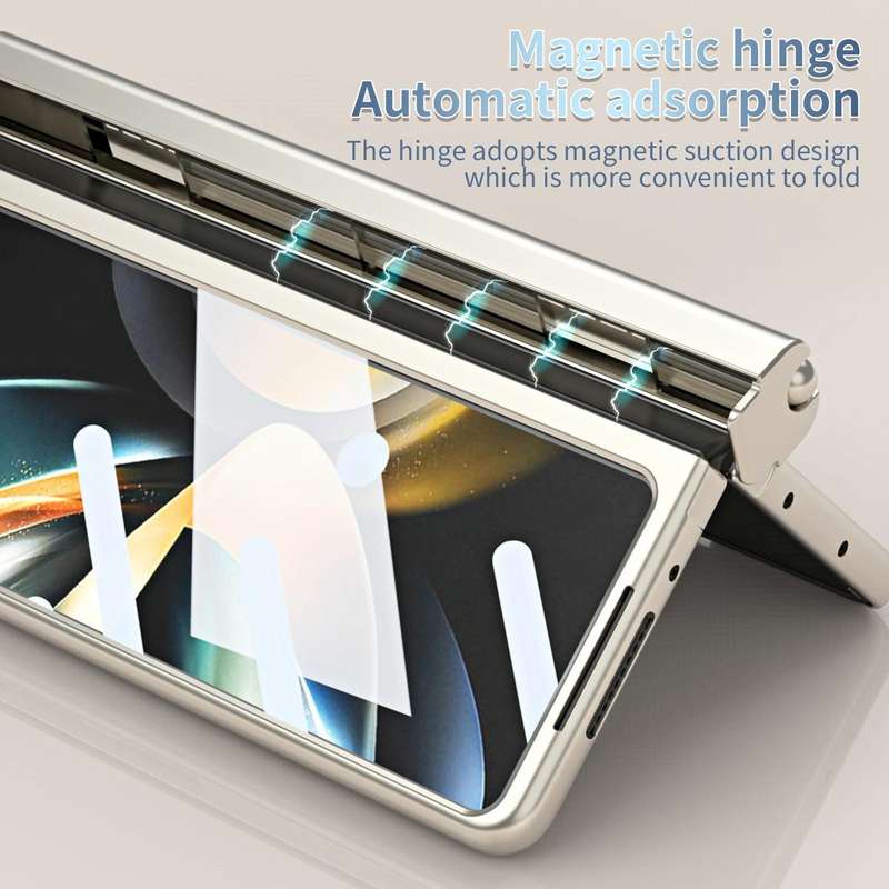 For Samsung Galaxy Z Fold5 Electroplating Corrugated Hinge Folding Phone Case with Pen Slot(Gold)