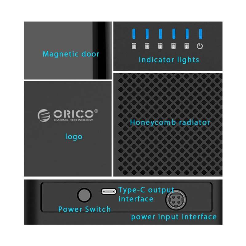 ORICO DS500C3 3.5 inch 5 Bay Magnetic-type USB-C / Type-C Hard Drive Enclosure with Blue LED Indi...